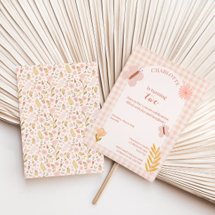 Pink Gingham Butterfly with Flowers Birthday Invitation