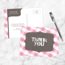 Pink Gingham Canvas Thank You Postcards