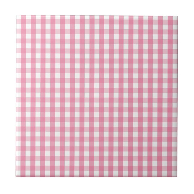 Pink Gingham Check Pattern Ceramic Tile (Front)