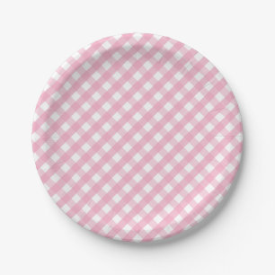 Pink Gingham Check Pattern Paper Plate