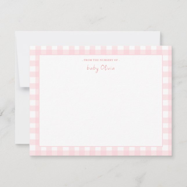 Pink Gingham check Personalised Flat Thank You Card (Front)