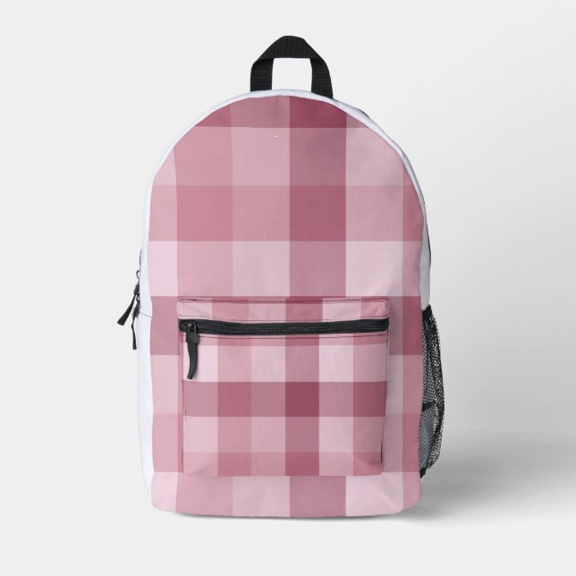 Pink Gingham Check Plaid Design Printed Backpack (Front)
