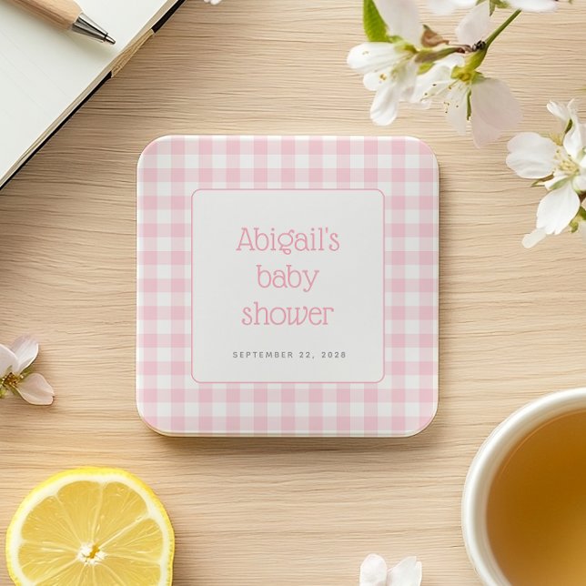 Pink Gingham Check Rustic Girls Baby Shower Square Paper Coaster (Creator Uploaded)