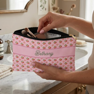Pink Gingham Check Strawberry Pattern Accessory Pouch
