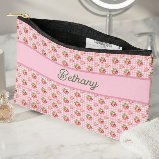 Pink Gingham Check Strawberry Pattern Accessory Pouch (Creator Uploaded)
