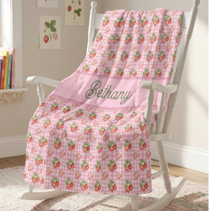 Pink Gingham Check Strawberry Pattern Fleece Blanket