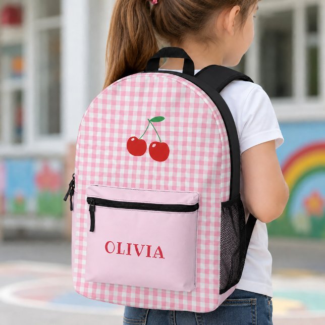 Pink Gingham Cheerful Cherry Girls Printed Backpack (Pink Gingham Cheerful Cherry Girls Printed Backpack)