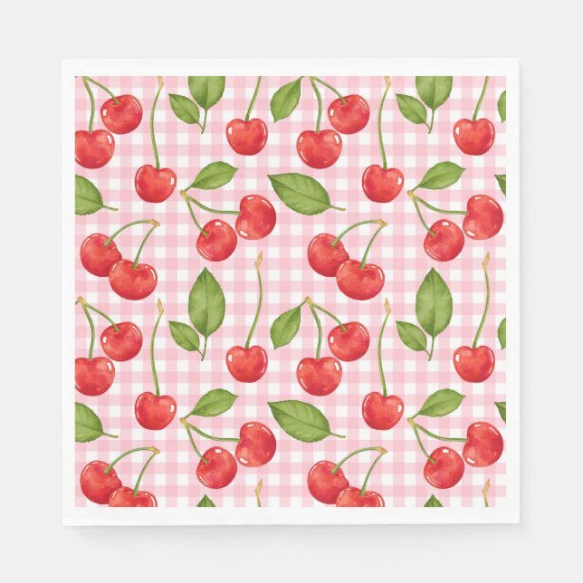 Pink Gingham Cherry Birthday Napkins (Front)