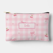 Pink Gingham Cherry Bow Script Name Design
