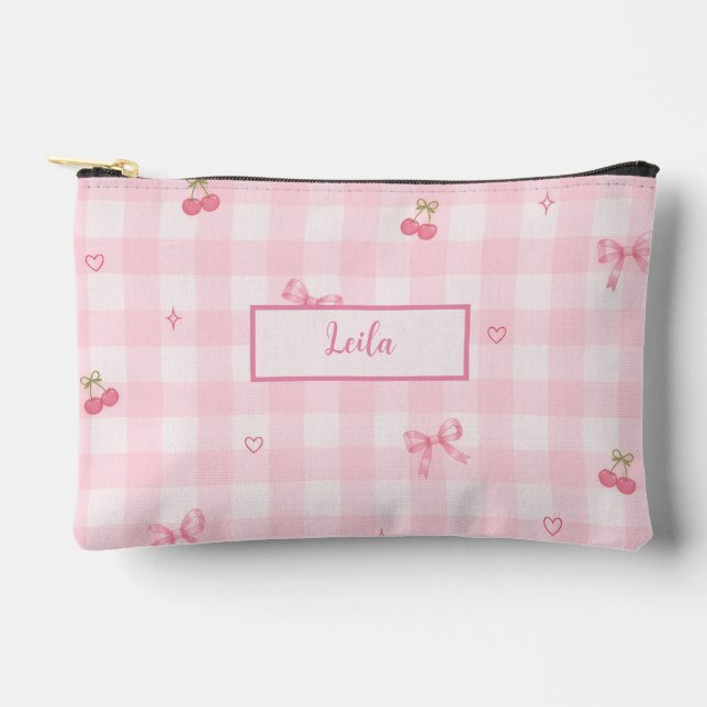 Pink Gingham Cherry Bow Script Name Design Accessory Pouch (Front)