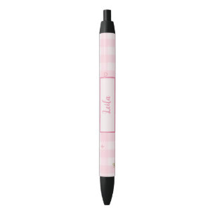 Pink Gingham Cherry Bow Script Name Design Black Ink Pen