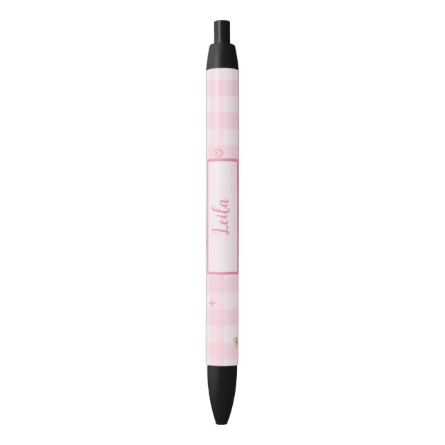 Pink Gingham Cherry Bow Script Name Design Black Ink Pen (Front Vertical)