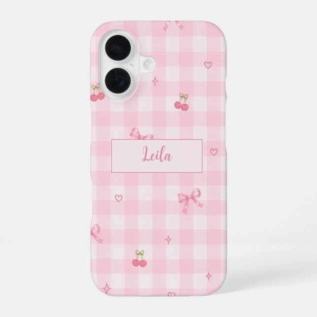 Pink Gingham Cherry Bow Script Name Design iPhone 16 Case (Back)