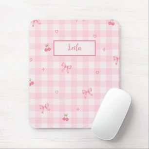 Pink Gingham Cherry Bow Script Name Design Mouse Pad