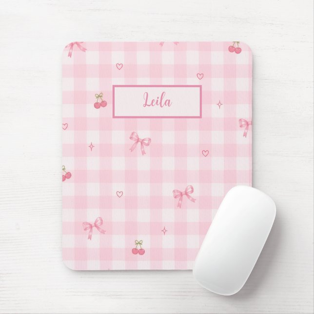 Pink Gingham Cherry Bow Script Name Design Mouse Pad (With Mouse)