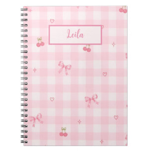Pink Gingham Cherry Bow Script Name Design Notebook