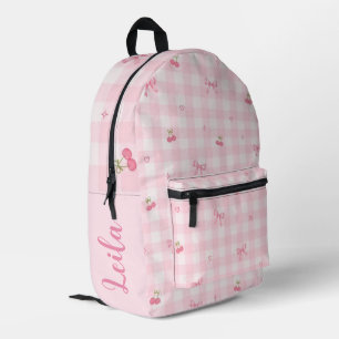 Pink Gingham Cherry Bow Script Name Design Printed Backpack