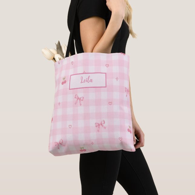 Pink Gingham Cherry Bow Script Name Design Tote Bag (Close Up)