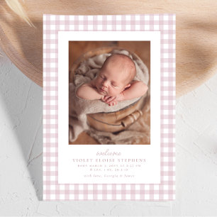Pink gingham classic simple cute two photo birth announcement