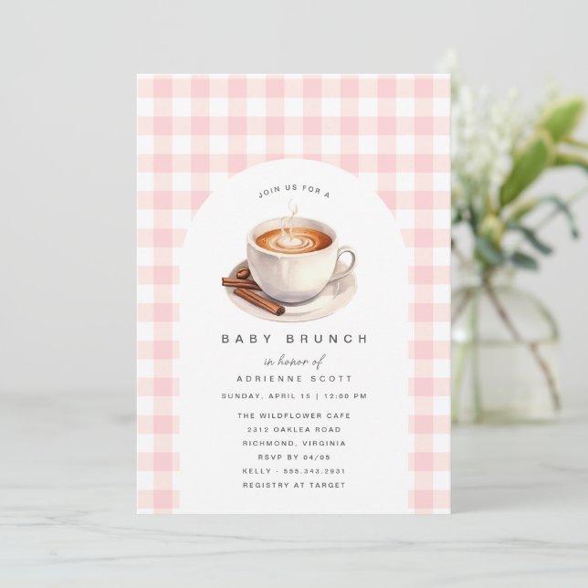 Pink Gingham Coffee Cute Baby Shower Brunch Invitation (Standing Front)