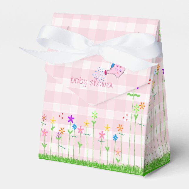 Pink Gingham Colourful Flowers Baby Shower- Favour Box (Front Side)