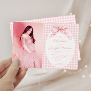 Pink Gingham Coquette Bow Baby Girl Shower Photo Invitation