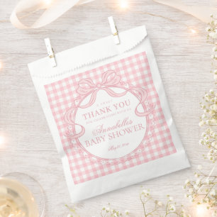 Pink Gingham Coquette Bow Baby Shower Dessert Favour Bag