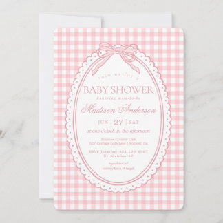Pink Gingham Coquette Bow Baby Shower Invitation
