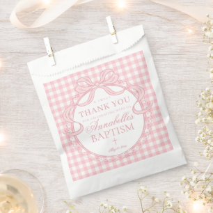 Pink Gingham Coquette Bow Baptism Dessert Favour Bag