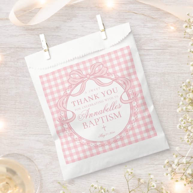 Pink Gingham Coquette Bow Baptism Dessert Favour Bag (Clipped)