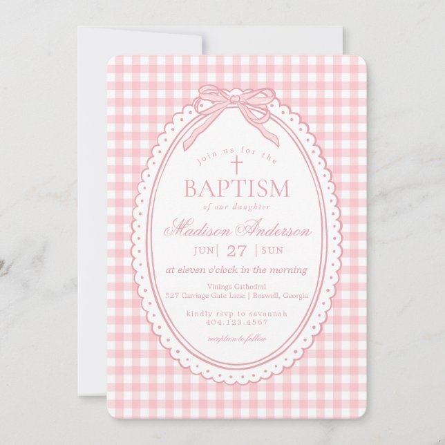 Pink Gingham Coquette Bow Baptism Invitation (Front)