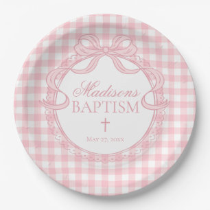 Pink Gingham Coquette Bow Baptism Paper Plate