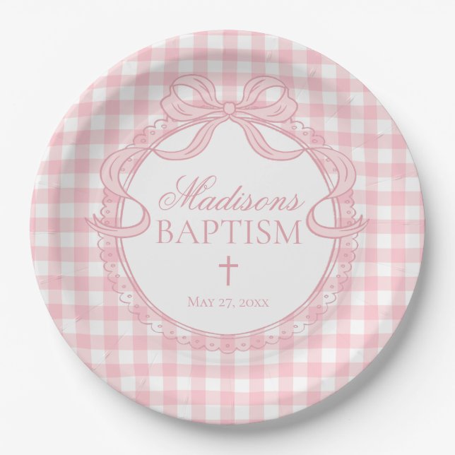 Pink Gingham Coquette Bow Baptism Paper Plate (Front)