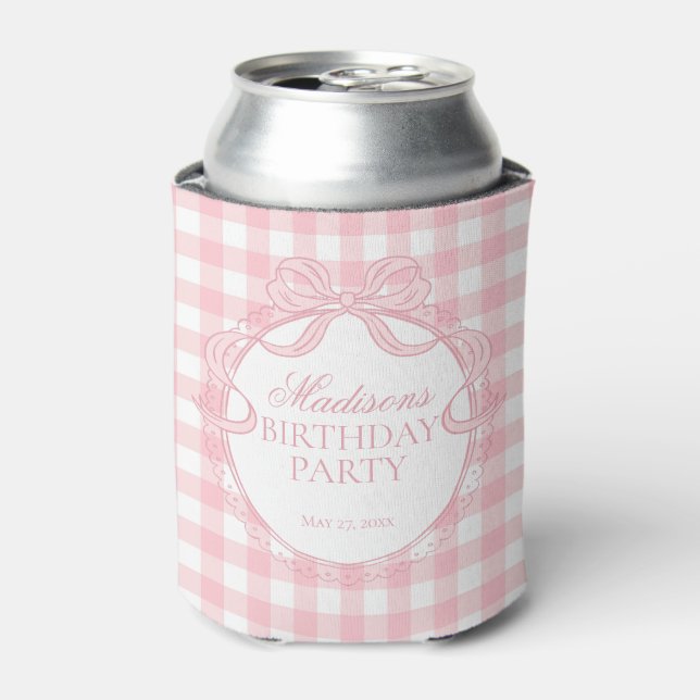 Pink Gingham Coquette Bow Birthday Party Favour Can Cooler (Can Front)