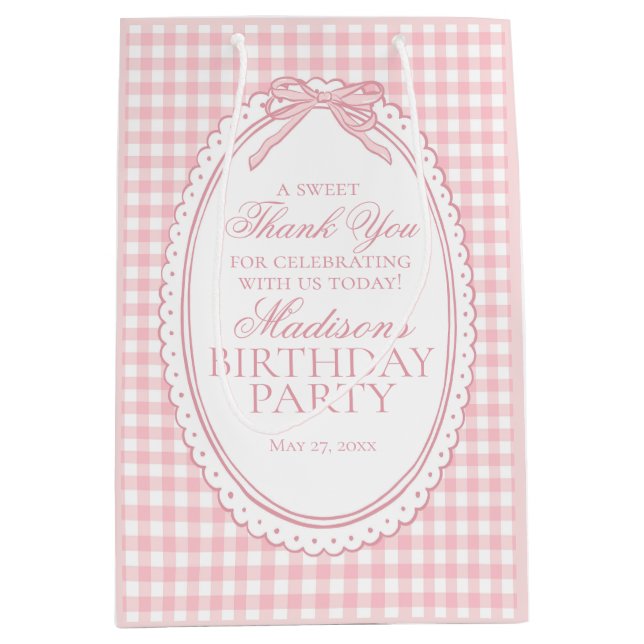 Pink Gingham Coquette Bow Birthday Party Favours Medium Gift Bag (Front)