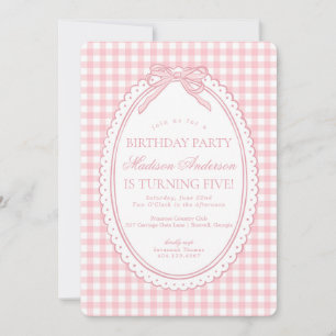 Pink Gingham Coquette Bow Birthday Party Invitation