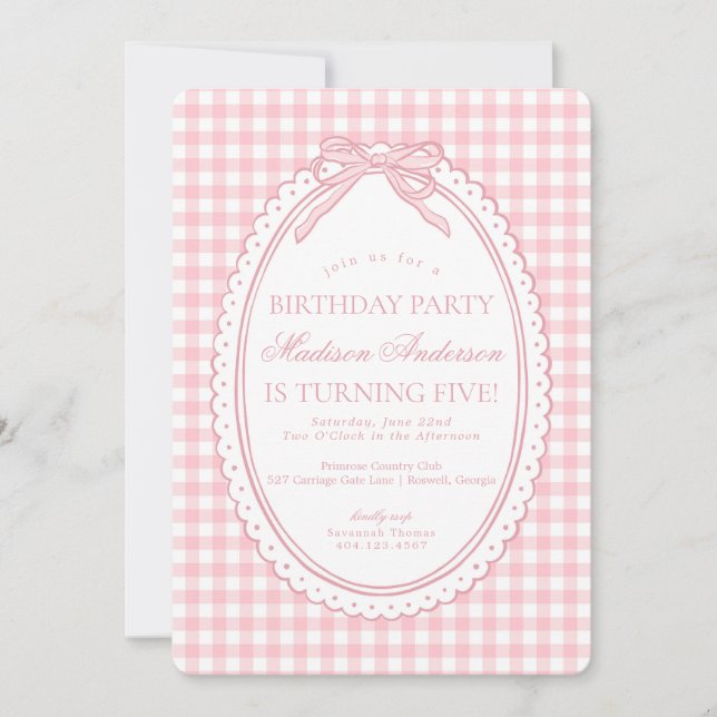 Pink Gingham Coquette Bow Birthday Party Invitation (Front)