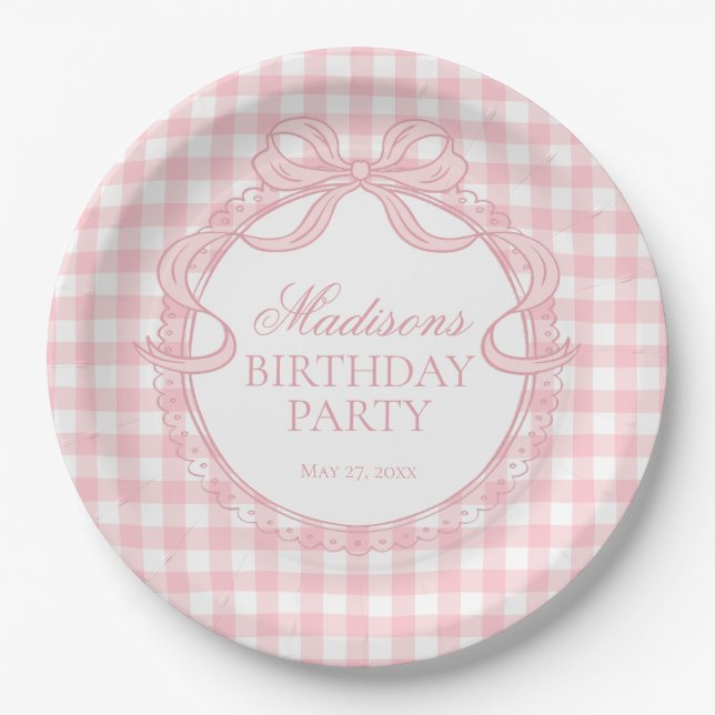 Pink Gingham Coquette Bow Birthday Party Paper Plate (Front)