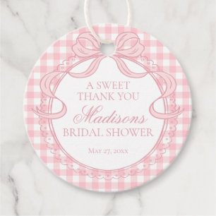 Pink Gingham Coquette Bow Bridal Shower Circle Favour Tags