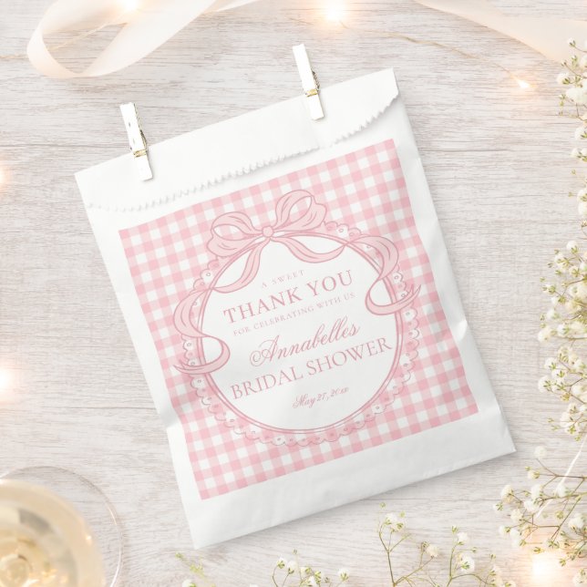 Pink Gingham Coquette Bow Bridal Shower Dessert Favour Bag (Clipped)