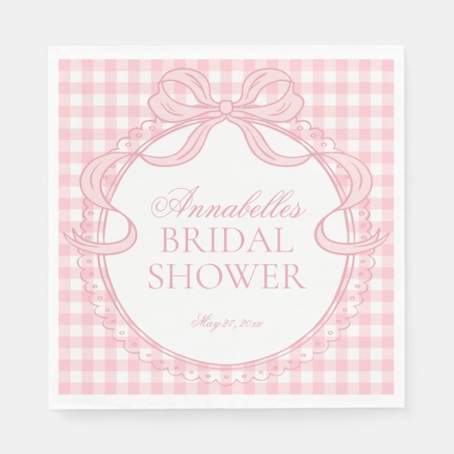 Pink Gingham Coquette Bow Bridal Shower Dessert Napkin (Front)