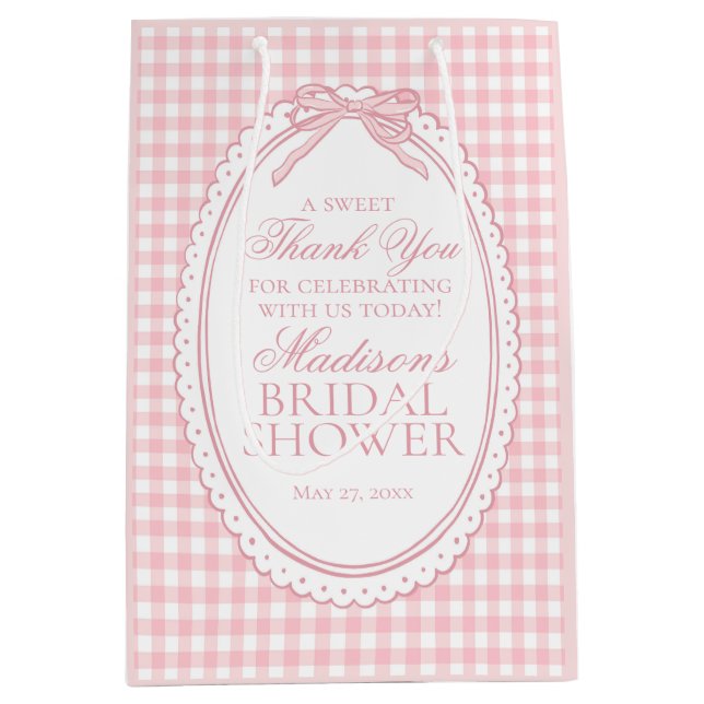 Pink Gingham Coquette Bow Bridal Shower Favours Medium Gift Bag (Front)