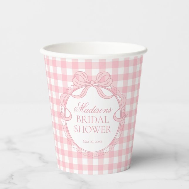 Pink Gingham Coquette Bow Bridal Shower Paper Cups (Front)
