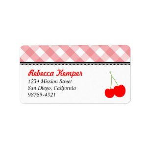 Pink gingham country red cherries return address label