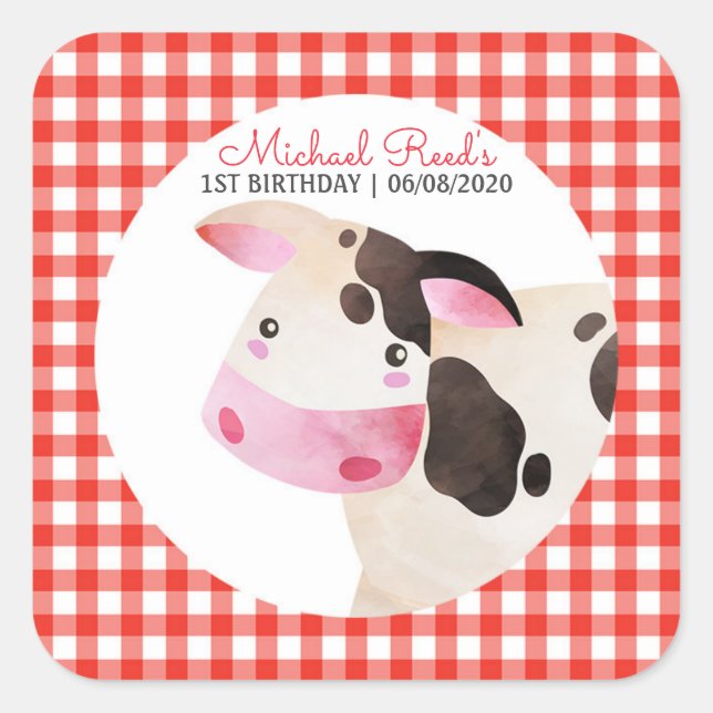 Pink Gingham Cow Farm Animal Birthday Barnyard Square Sticker (Front)