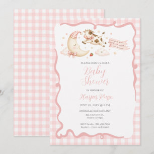 Pink Gingham Cow Moon Baby Shower Invitation
