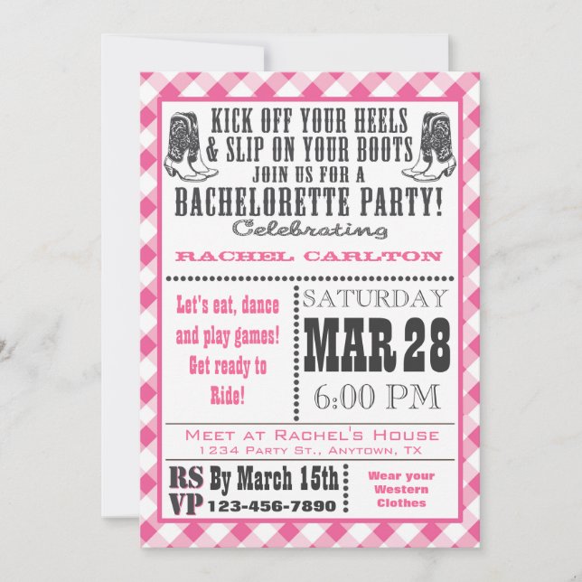 Pink Gingham Cowgirl Bachelorette Party Invitation (Front)