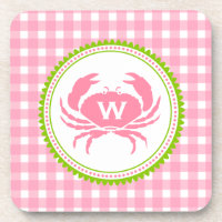 Pink Gingham & Crab Monogram Cork Coasters