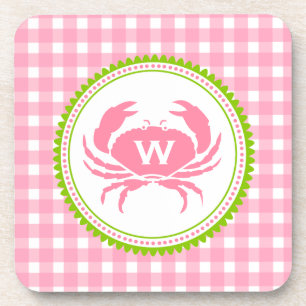 Pink Gingham & Crab Monogram Cork Coasters