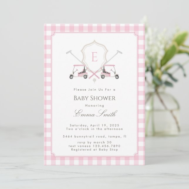 Pink Gingham Crest Monogram Golf Baby Shower Invitation (Standing Front)